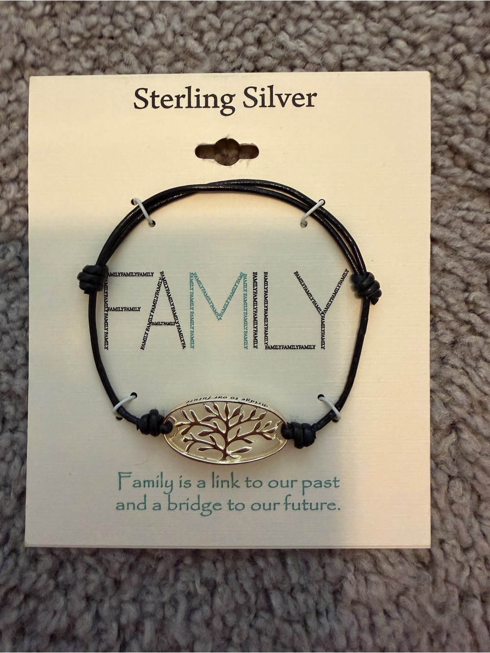 Family Tree Cord Bracelet Sterling Silver  - Black NWT